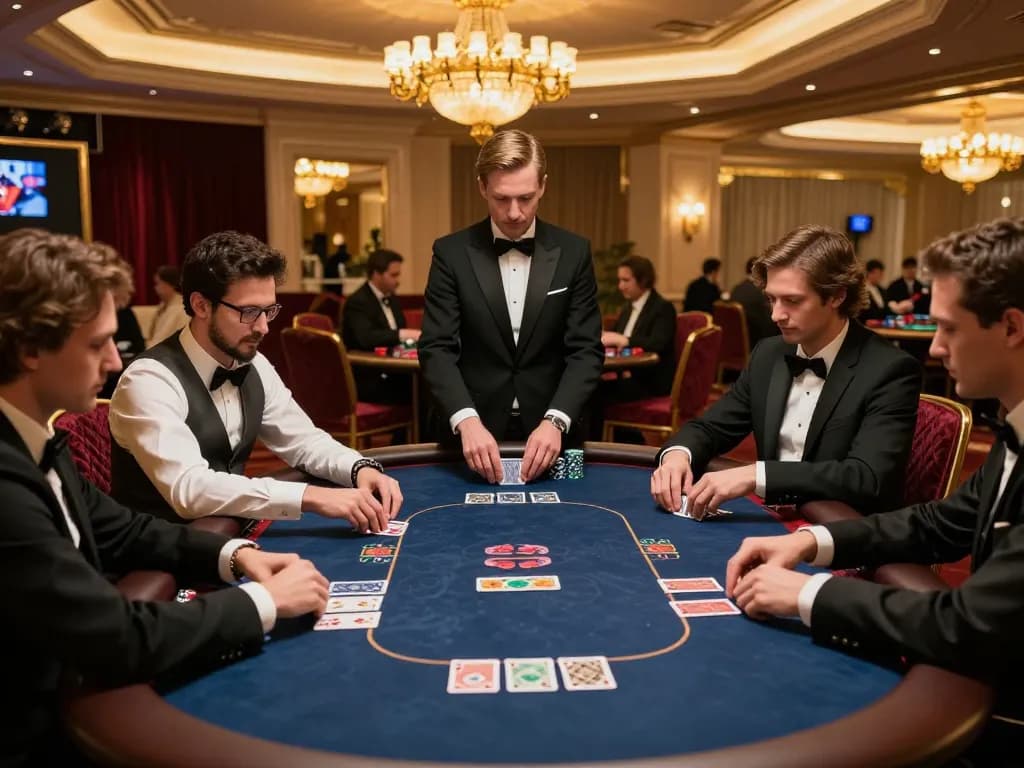 An intense poker game in luxury casino setting showcasing nk88 com, players focused on their bets.