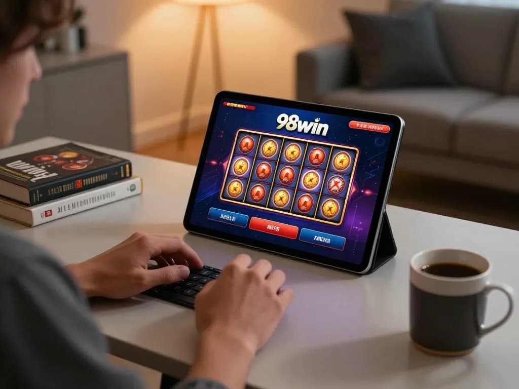 Player enjoying 98win online casino app in cozy home office atmosphere.