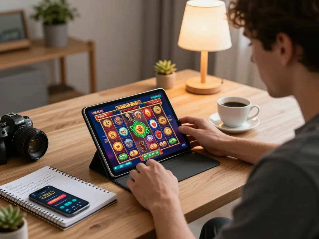 Player engaged in a situs slot game on a tablet, focusing on strategy and gameplay in a cozy home environment.