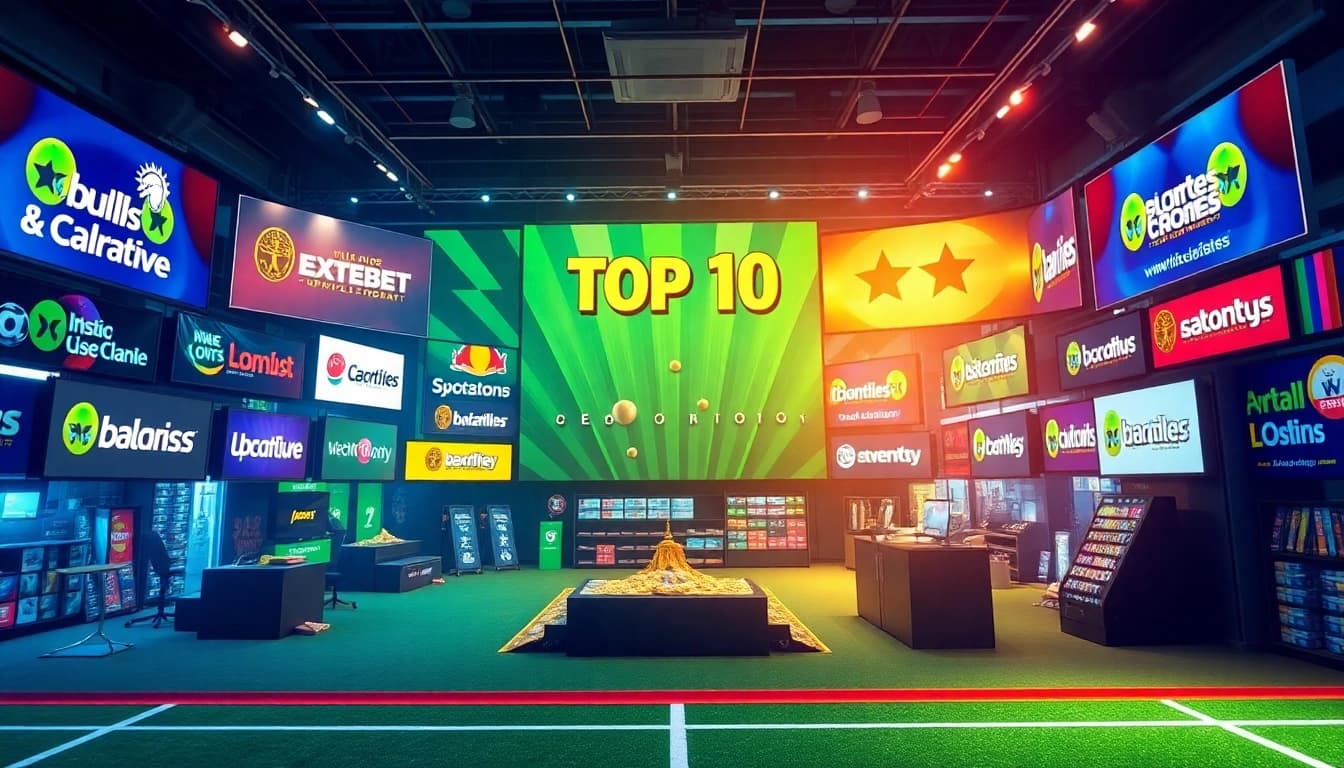 Top 10 trang cá cược bóng đá showcasing logos and promotions in an engaging layout.