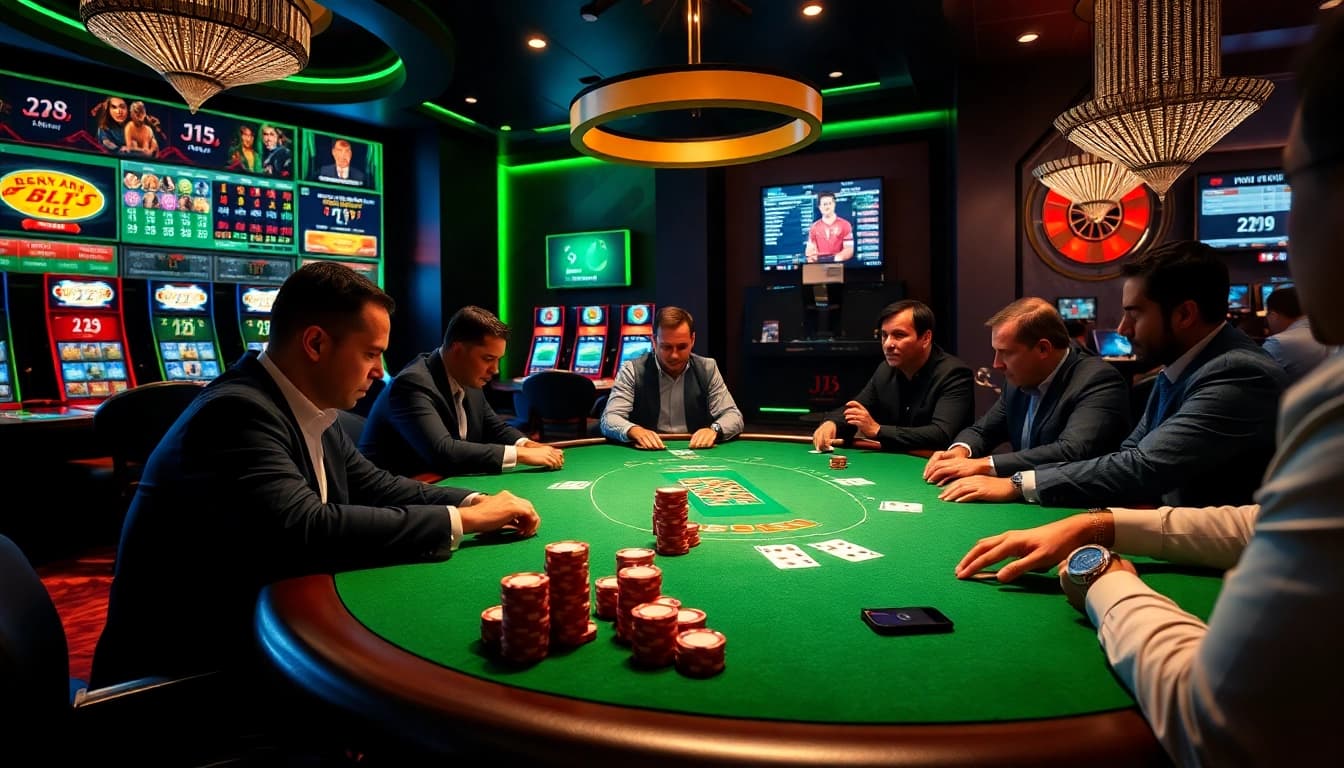 Engaging poker players at J8 Casino, showcasing dynamic betting and vibrant atmosphere.