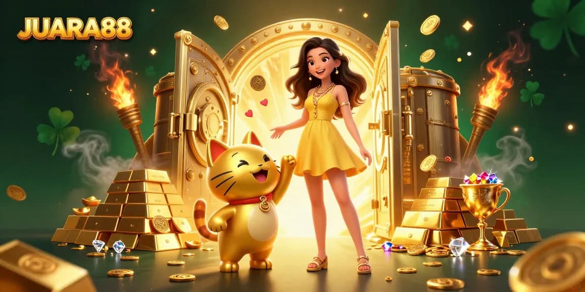 JUARA88 showcases a vibrant scene of a joyful Asian woman and a lucky cat amidst casino treasures, highlighting gambling excitement.