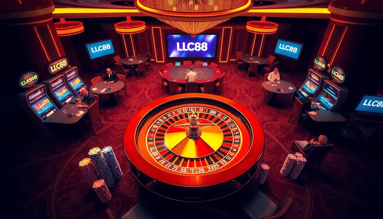 Exciting casino scene showcasing LC88 branding with roulette and poker tables.