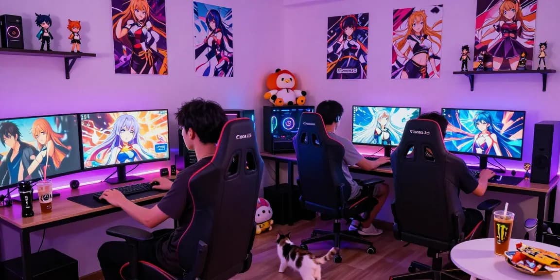 Engaging ecchi game environment with gamer, consoles, and vibrant decor.