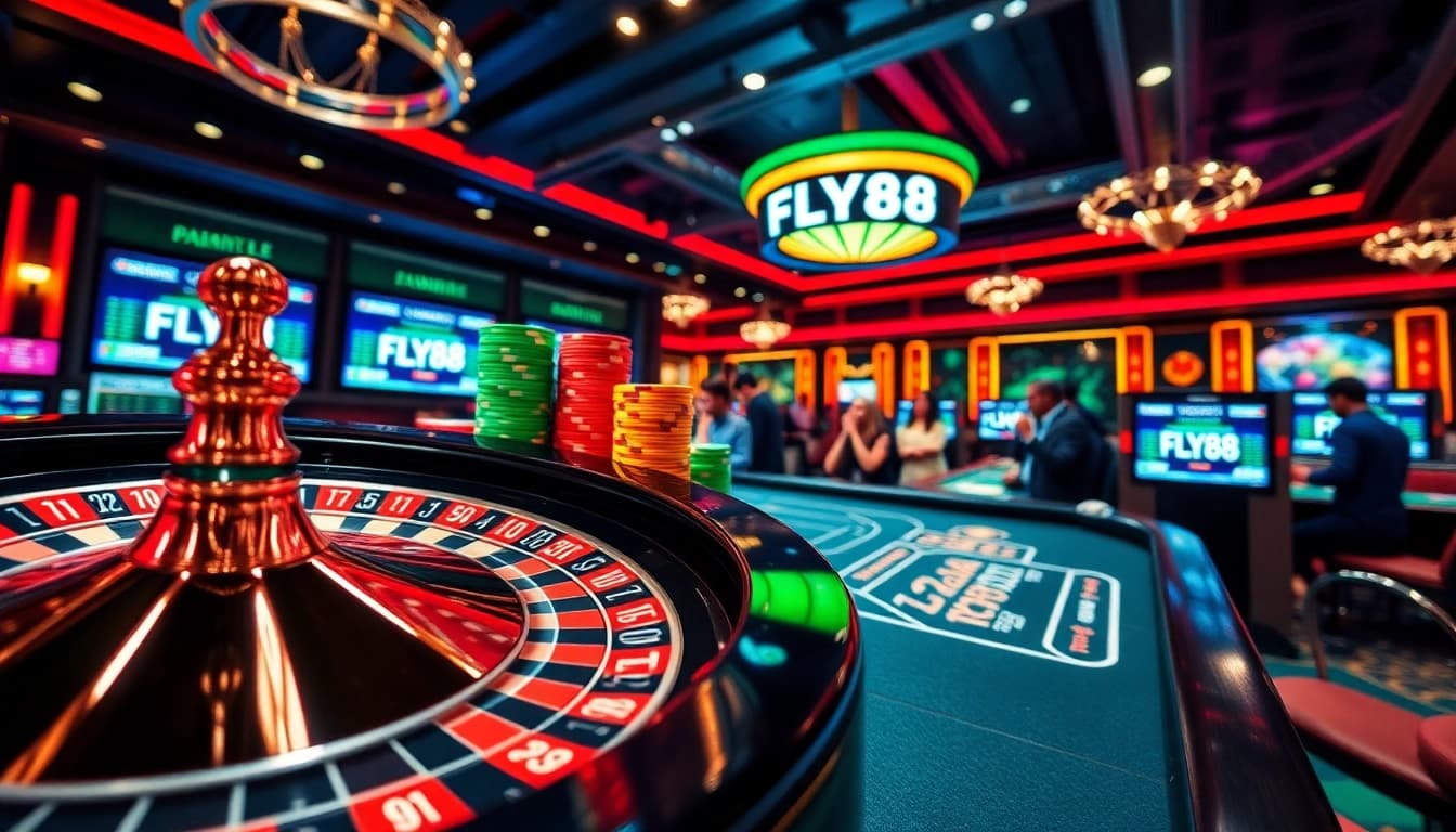 FLY88 casino scene with vibrant roulette wheel, colorful chips, and engaging online betting activity.
