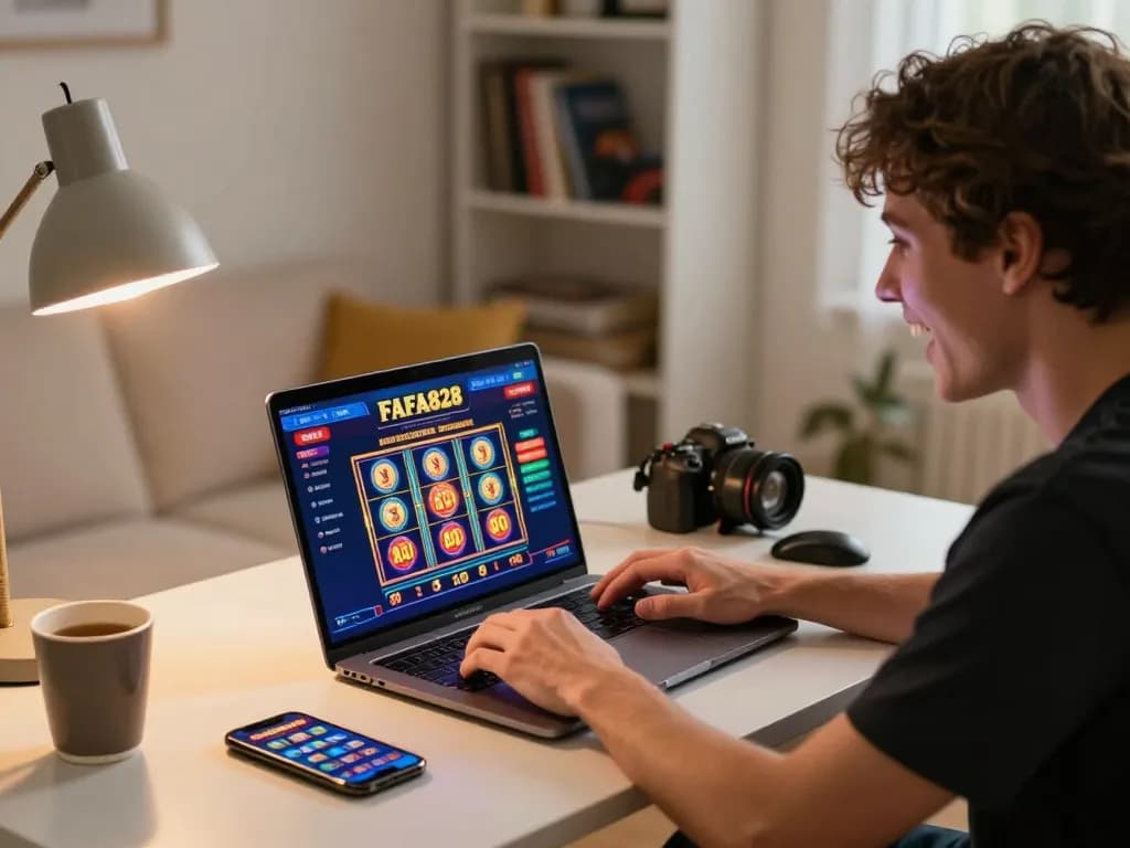 Engaged player exploring FAFA828's online slots in a cozy home setting.
