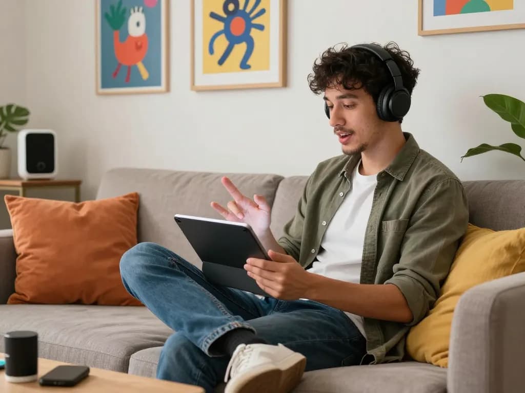 Engaging NSFW AI chat interface on tablet in cozy urban lounge setting.