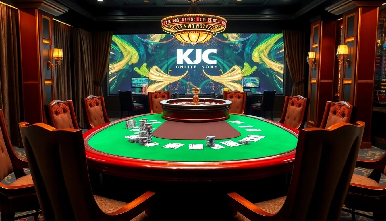 KJC poker game scene featuring vibrant chips, cards, and a roulette wheel for an exciting gambling experience.