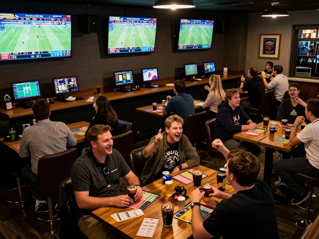 Nohu90 players actively placing bets in a lively sports bar atmosphere during live sports events