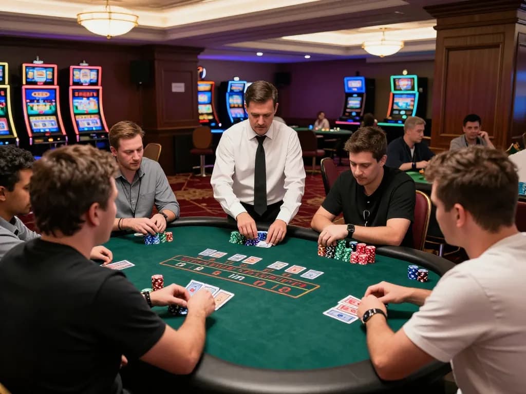 TT88 blackjack tournament with players focused on their cards, dealer managing bets, vibrant casino atmosphere