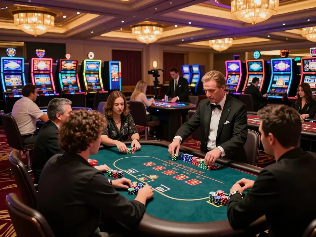 mm88 players engaged at a vibrant poker table in a luxurious casino setting