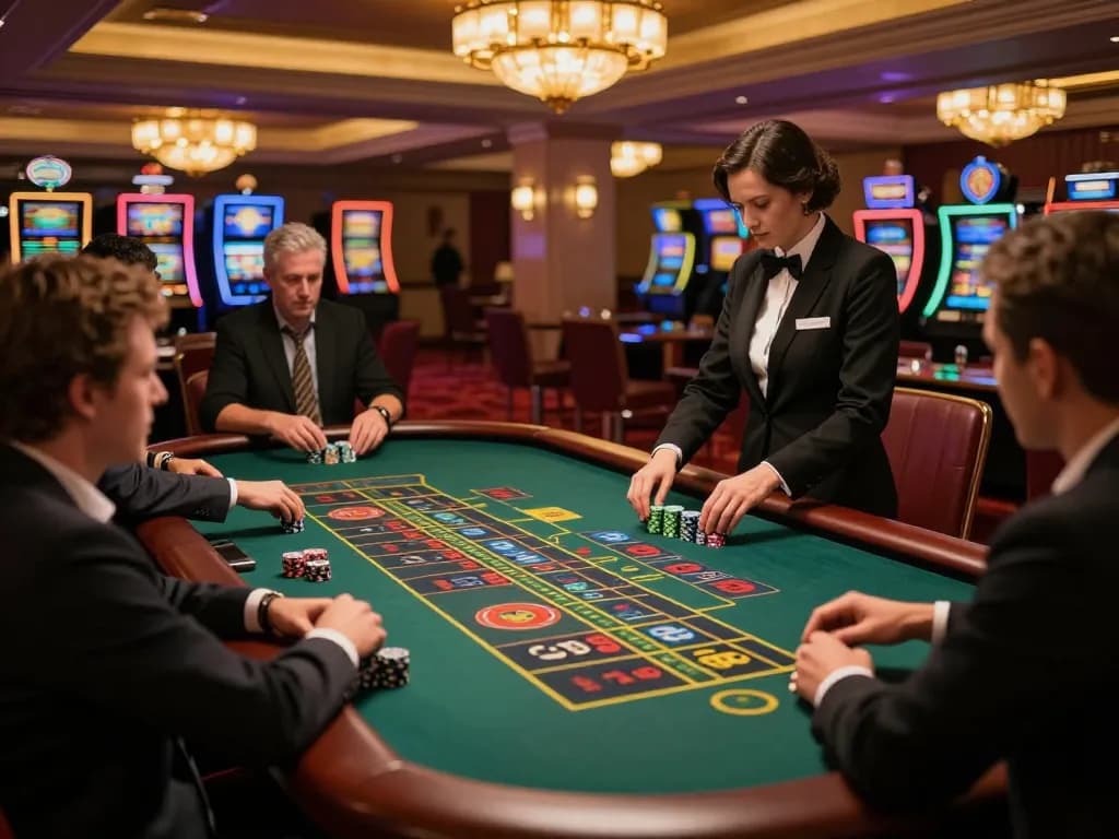 HUBET players placing bets at a lively roulette table in a luxurious casino atmosphere.