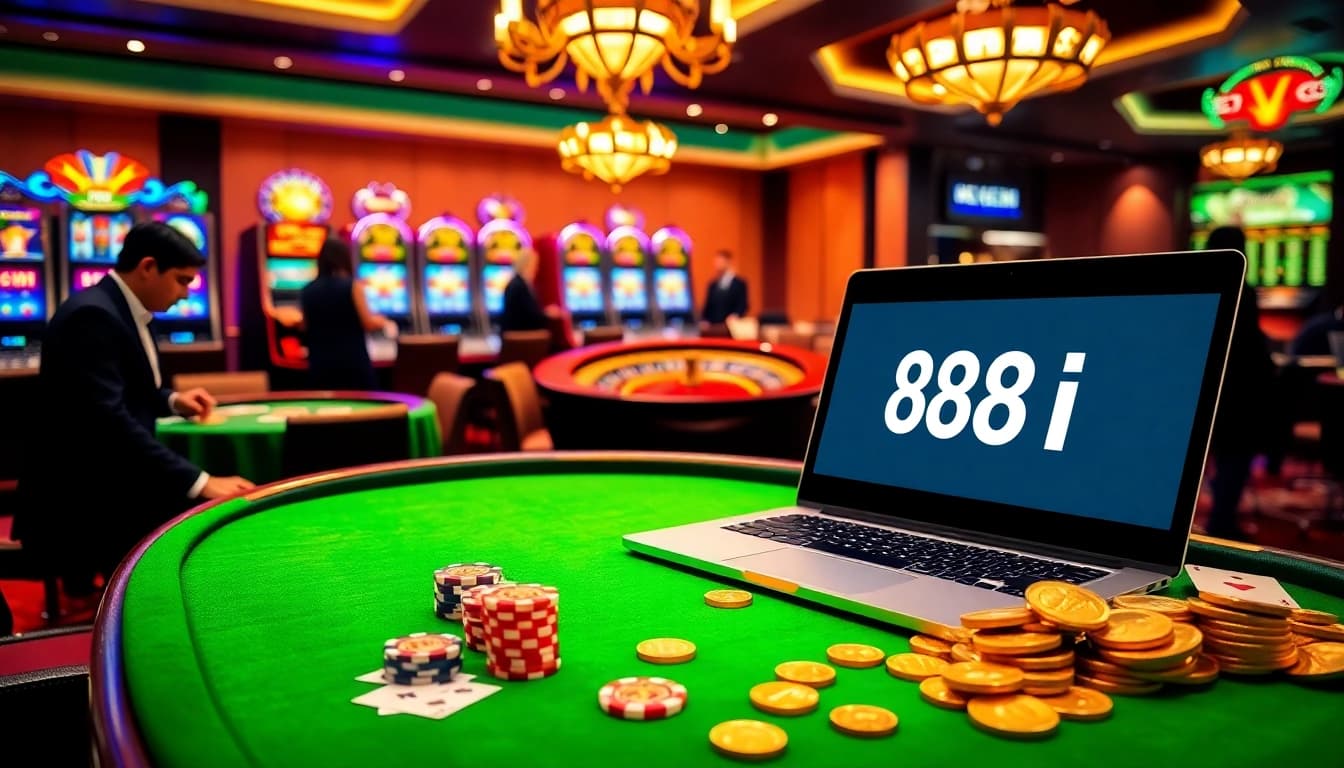 Engaging casino scene featuring link 88i on a laptop amidst vibrant gambling elements.