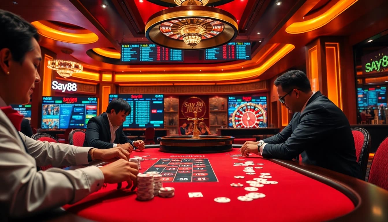 Engaging scene of players at an upscale poker table showcasing say88 for an exciting gambling experience.