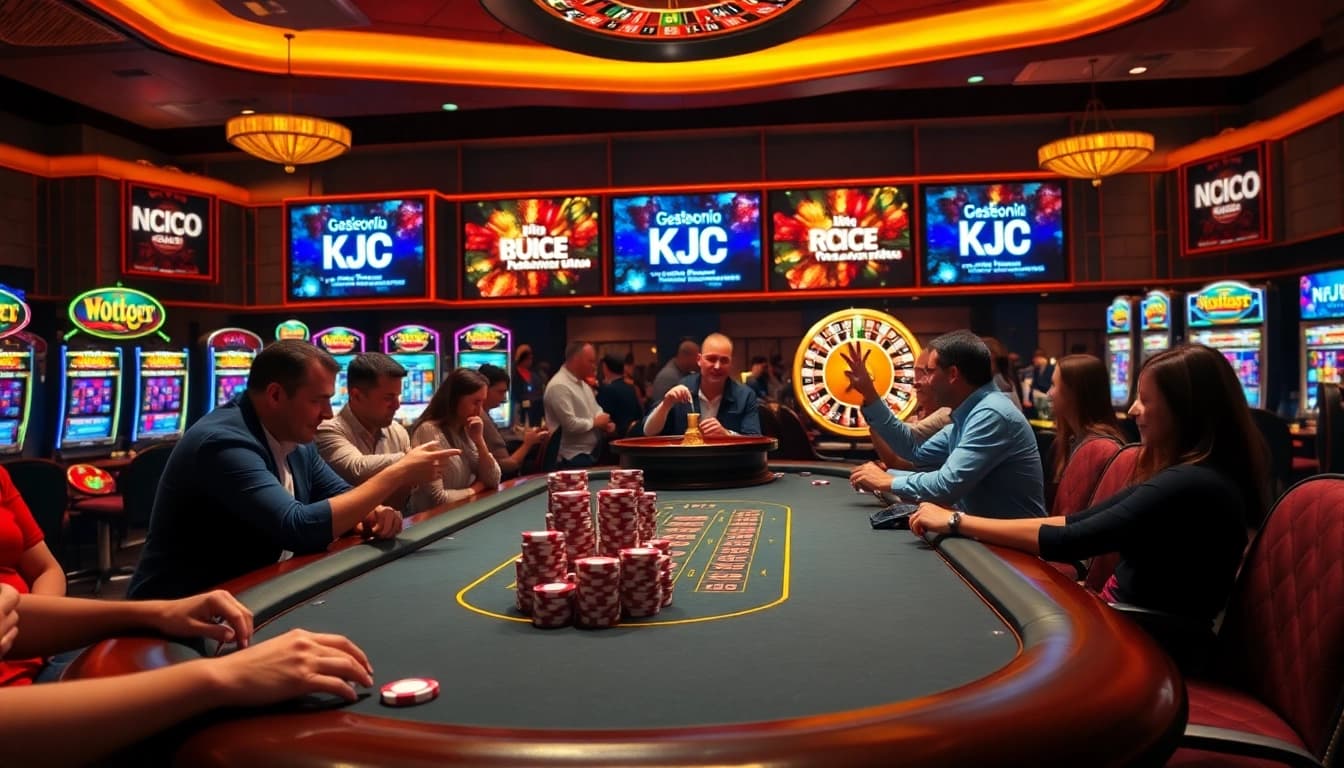 Excited players engage at a KJC poker table in a lively casino atmosphere.