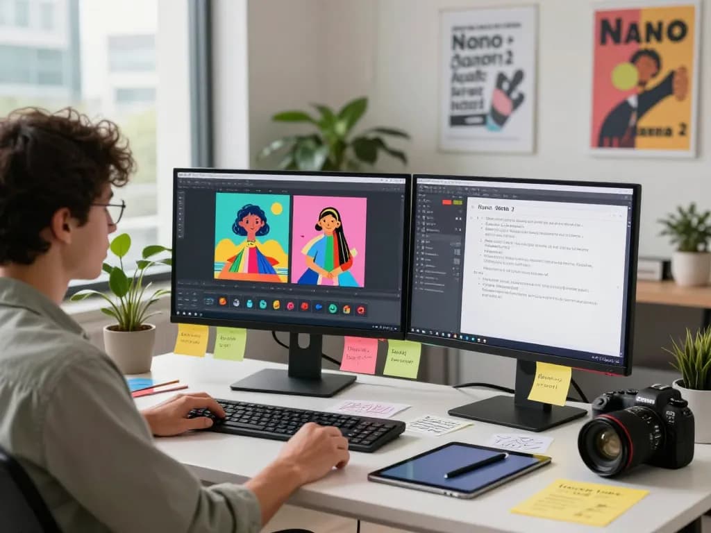 Creative professional using Nano Banana 2 for advanced AI image editing in a modern workspace
