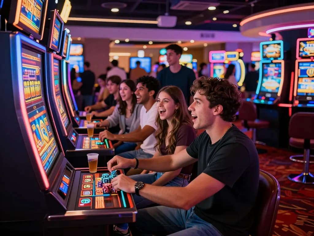 Excited friends experiencing slot gacor hari ini in a bright casino.