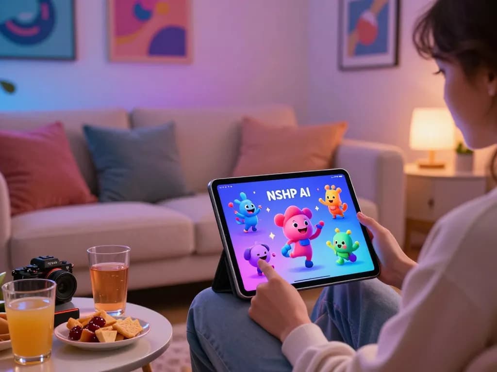 Engaging user experience with ai chat nsfw chatbot in a cozy living room, vibrant characters on screen.