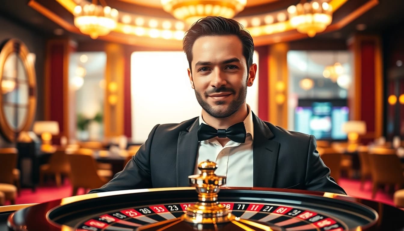 Engaging casino dealer presenting a roulette wheel, inviting excitement and interaction.