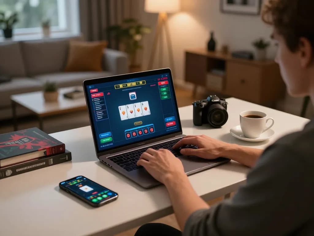 HM88 player strategizing online poker at home with tablet and notebook for better odds
