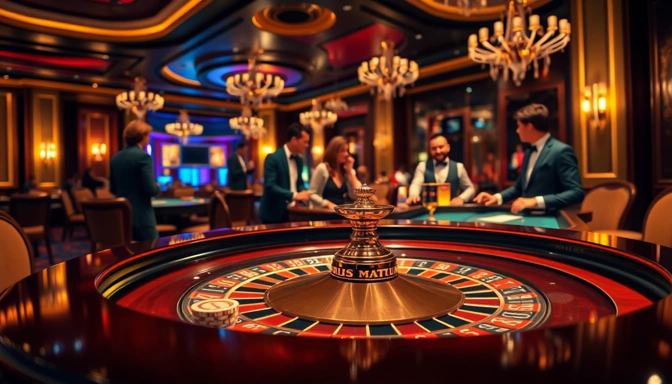 Erleben Sie die aufregende Atmosphäre von casinospielen.de mit einem Roulette-Tisch und Spielern mit Fokus auf Interaktion.