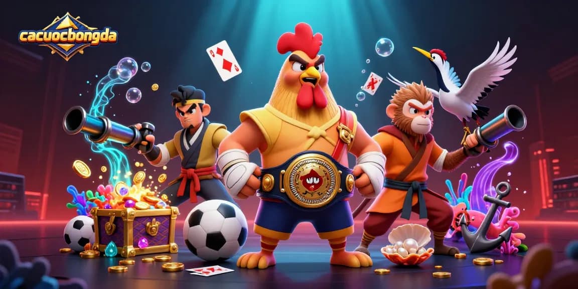 Engage with cacuocbongda in a vibrant cartoon scene showcasing sports betting elements, depicting lively gambling action.