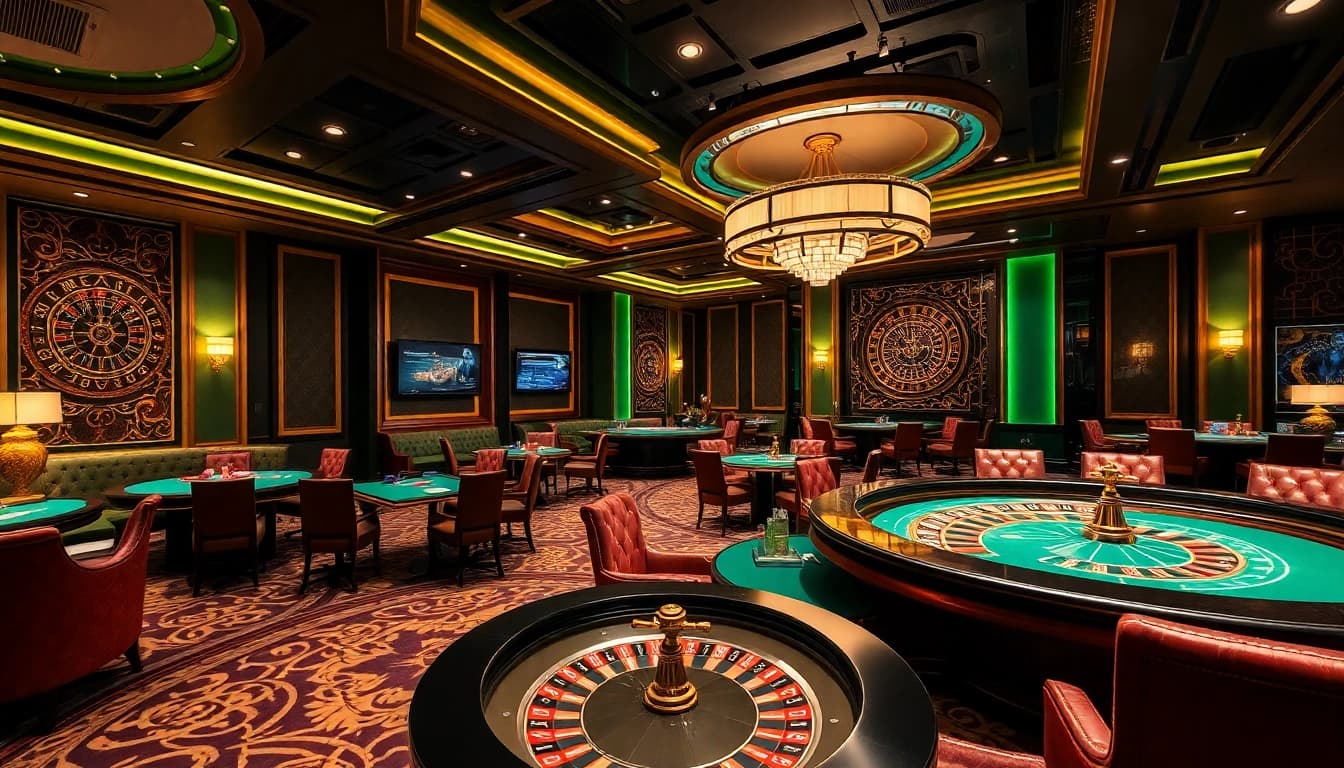 The exclusive atmosphere of Clube VIP HHBET with elegant casino games and VIP players enjoying luxury.