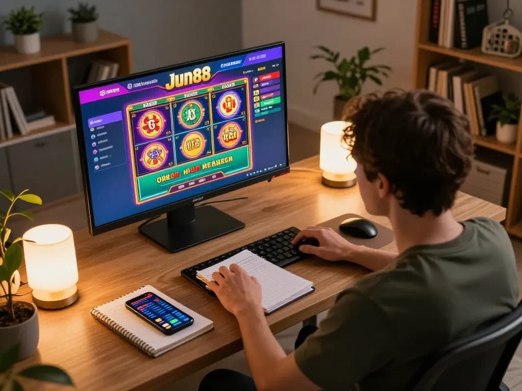 Player exploring Jun88's online casino with engaging games and strategies in a cozy gaming setup.