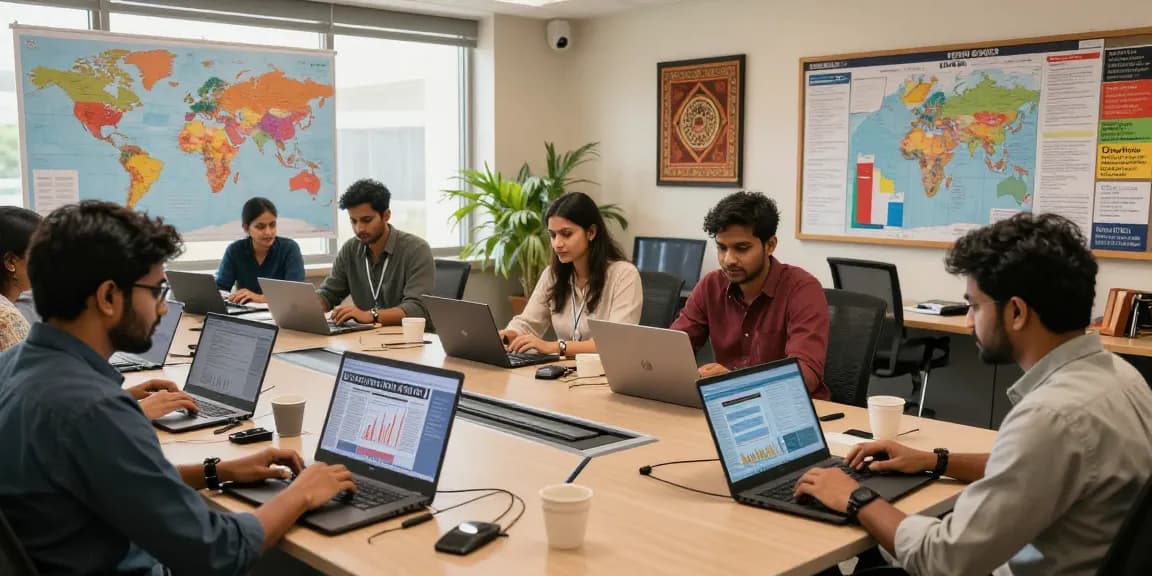 Newsroom at https://www.theindaily.com featuring diverse journalists collaborating on Indian news stories in a vibrant environment.