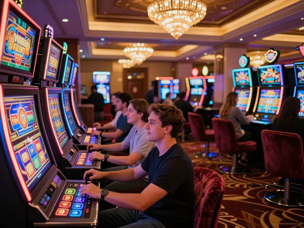 Engaged players enjoying the thrilling experience of playing tr88 slot machines in a vibrant casino
