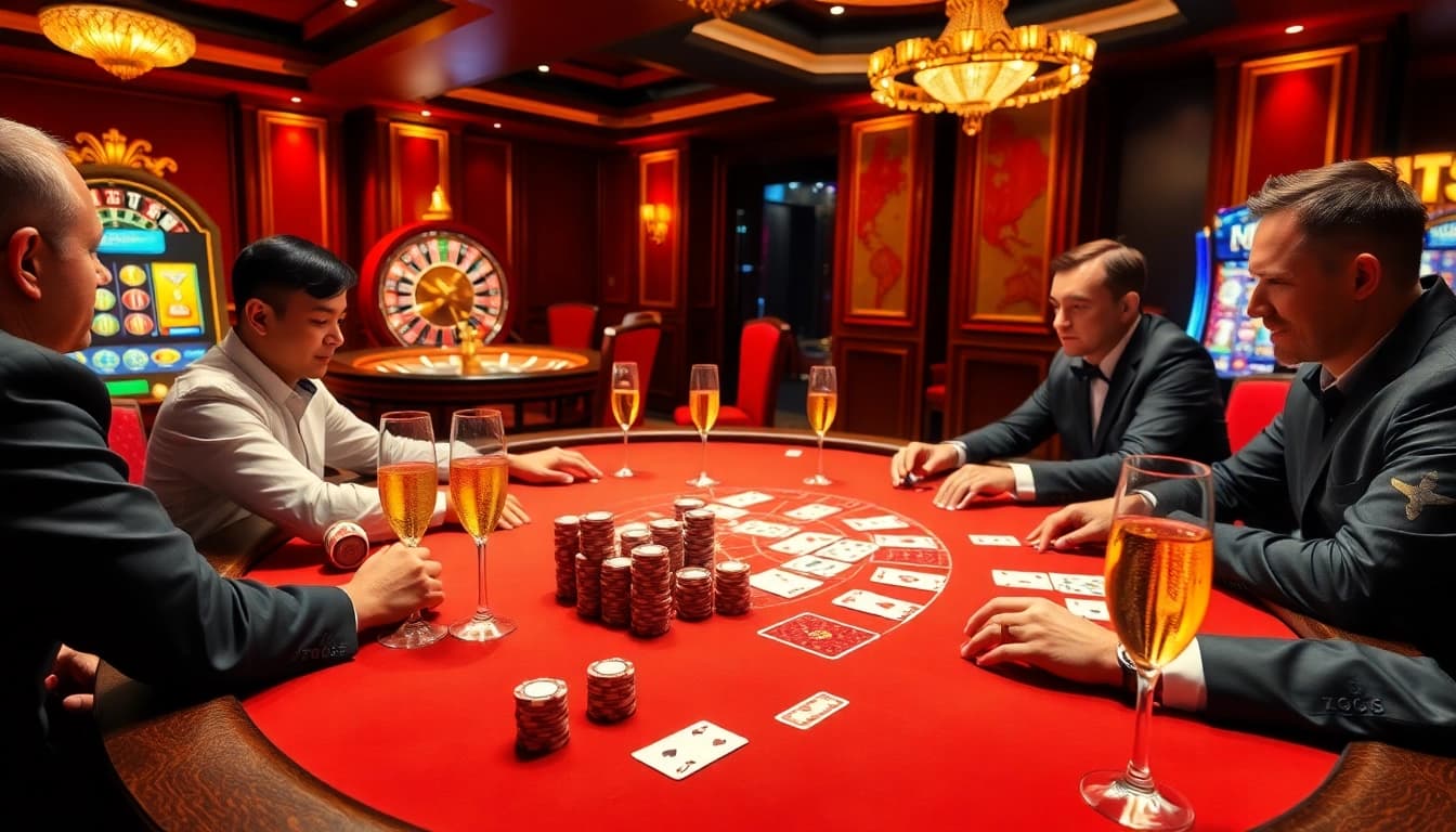 Epic poker showdown featuring king88 .com players at a vibrant casino table.