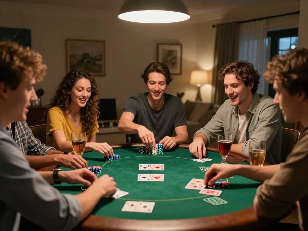 Friends enjoy an exciting poker night at home, showcasing luongsontv strategies for social gambling.