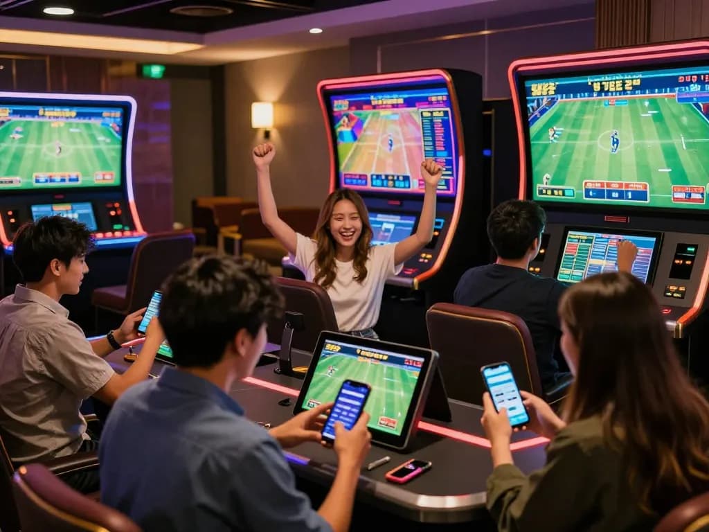 UU88 players excitedly engaging in live sports betting, showcasing a vibrant online gambling environment with interactive displays.