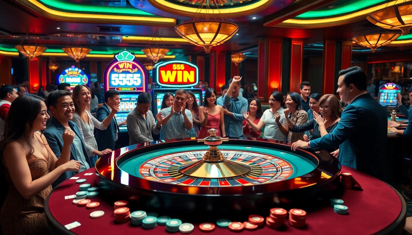Authentic casino scene showcasing players celebrating a big win at the 555 win slot machine.