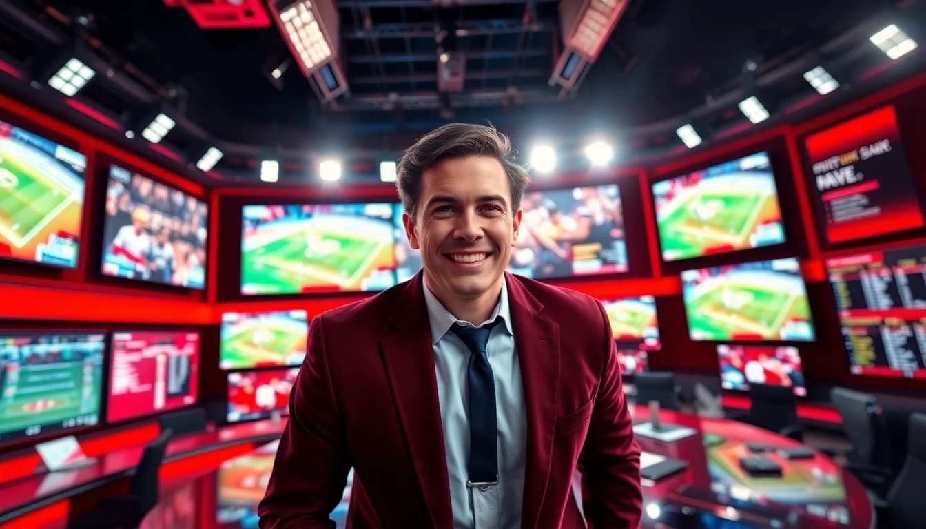 Sports Broadcasting professional delivering live commentary in a vibrant studio.