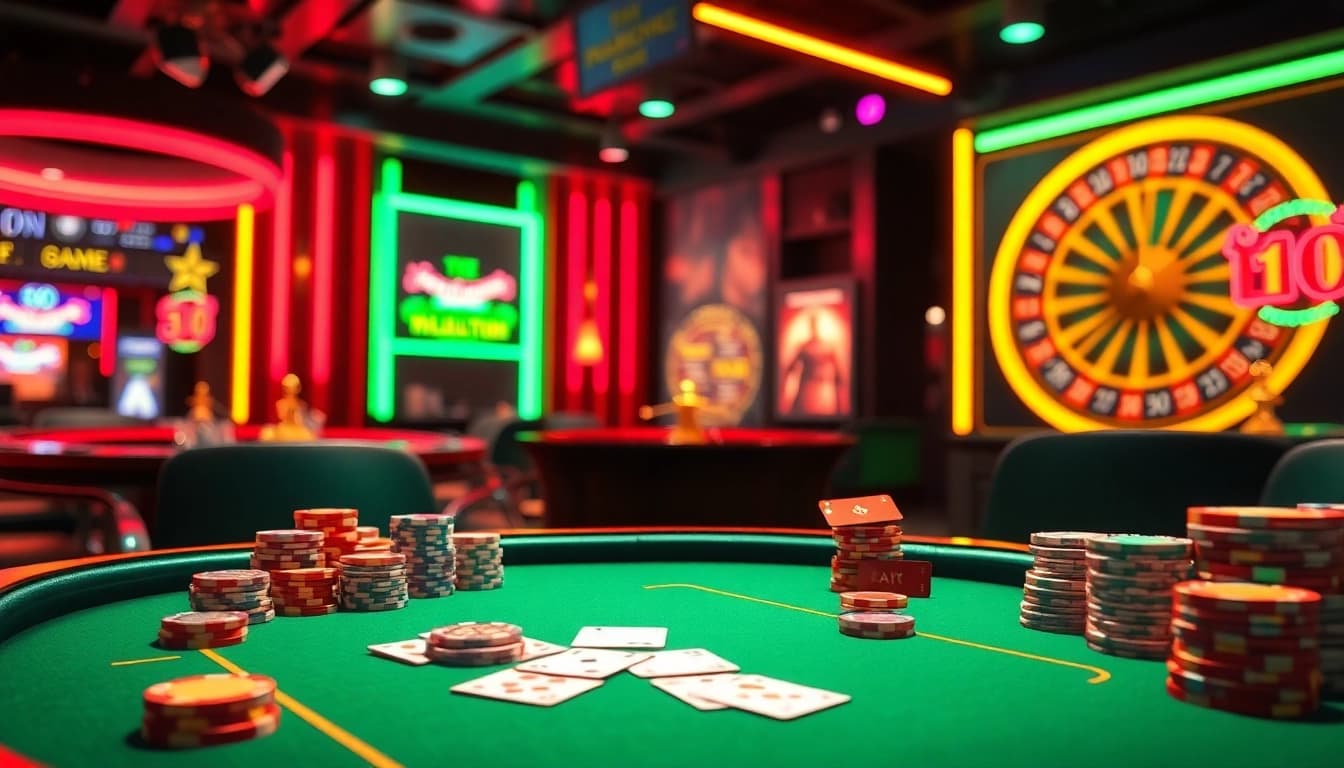Dynamic casino scene featuring a poker table and roulette wheel while illustrating porn game excitement.