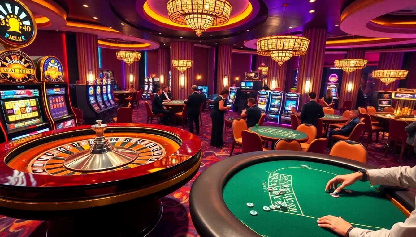 Players enjoying a thrilling game at XX88 casino with vibrant tables and slot machines.