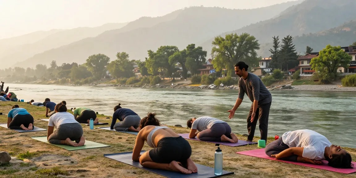Group practicing yoga along the Ganges during sunrise, embodying the essence of a yoga teacher training course in India.