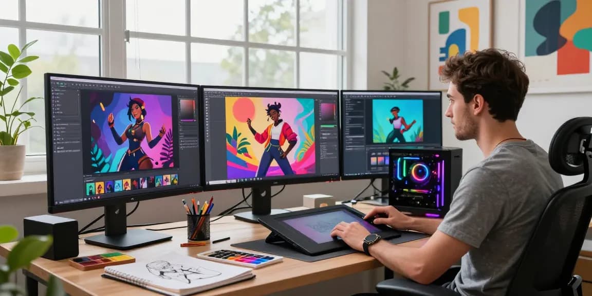 Creative developer designing NSFW AI characters in a vibrant digital art studio.