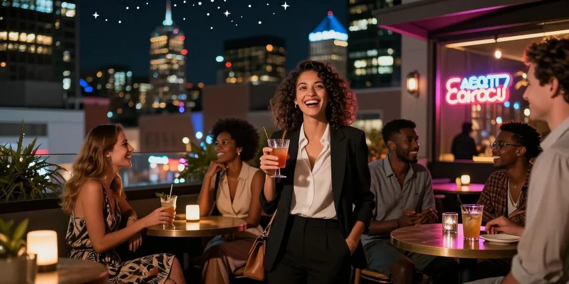Gái gọi tận hưởng bầu không khí sôi động tại quán bar rooftop trong thành phố.