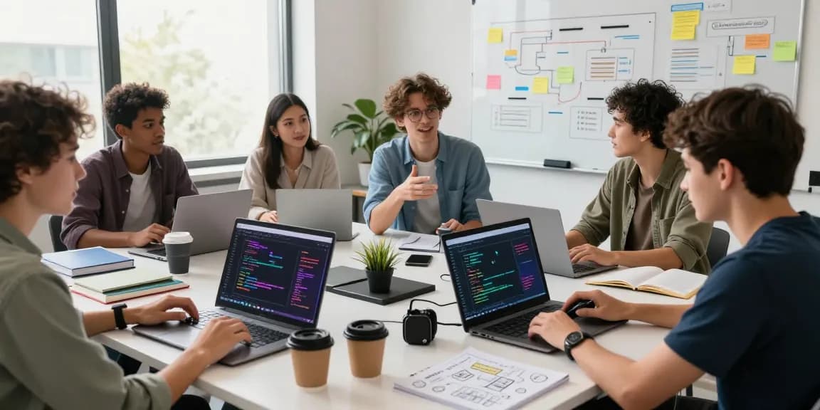 Team of developers collaborating on Kobold AI features in a bright office environment.