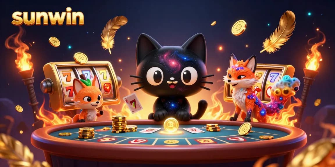 Sunwin's cosmic casino experience with a black hole cat and nebula fox, pulling chips and cards.