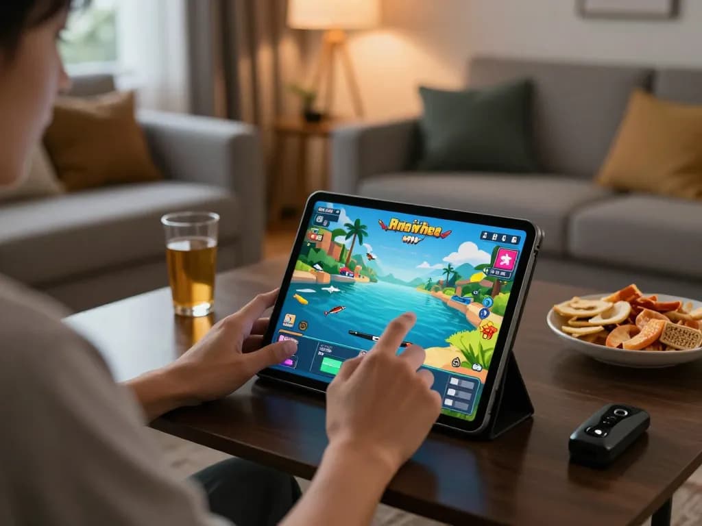 Engage in เกมยิงปลาฟรี while enjoying a cozy gaming session in a stylish living room with vibrant graphics.