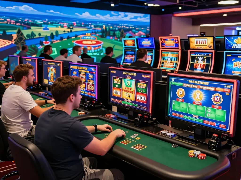 Luck8 vibrant online gambling scene with players enjoying diverse games and thrilling atmosphere.