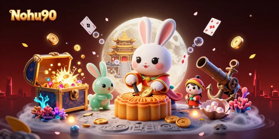 Nohu90 captivates players with a vibrant 3D scene showcasing festive elements and poker chips.