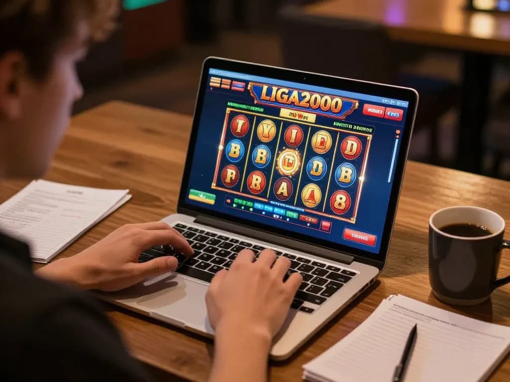 LIGA2000 slots shown on laptop screen with player ready to spin in a cozy home setting