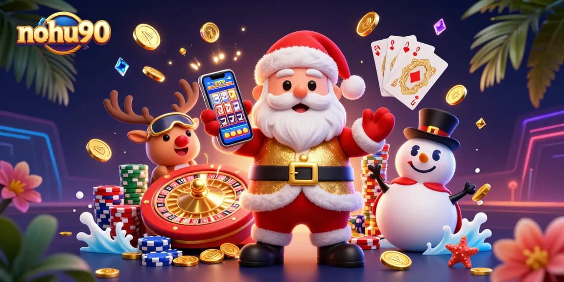 Experience jackpot excitement at nohu90 with Santa, a reindeer dealer, and a poker chip snowman in a dazzling casino scene.