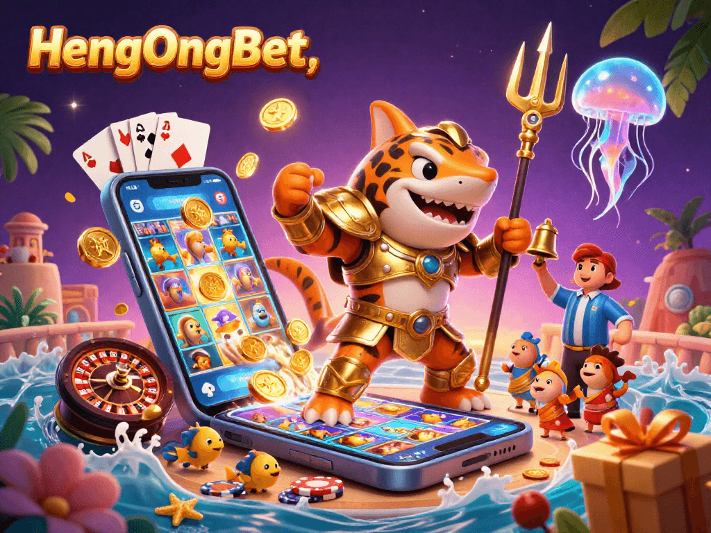 Join the action at HengOngBet with a dynamic 3D casino illustration featuring a tiger shark and exciting gaming elements.