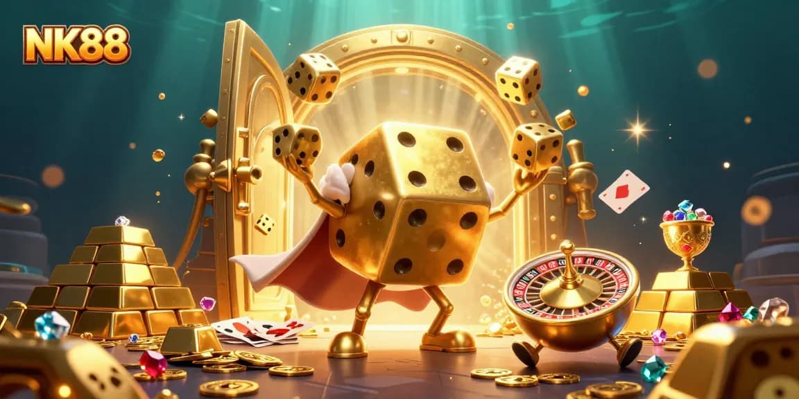 Experience thrilling gaming with NK88, featuring a vibrant 3D casino scene with dynamic characters and exciting elements.