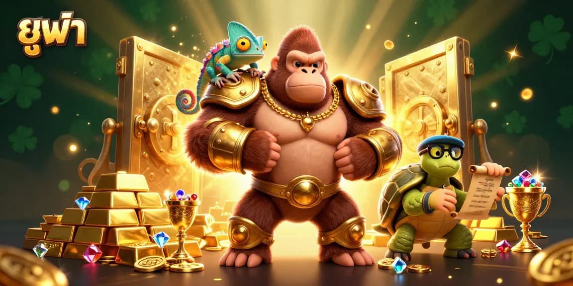 Experience thrilling adventures with ยูฟ่า as the gorilla king, chameleon spy, and wise tortoise explore golden treasures in a vibrant casino.